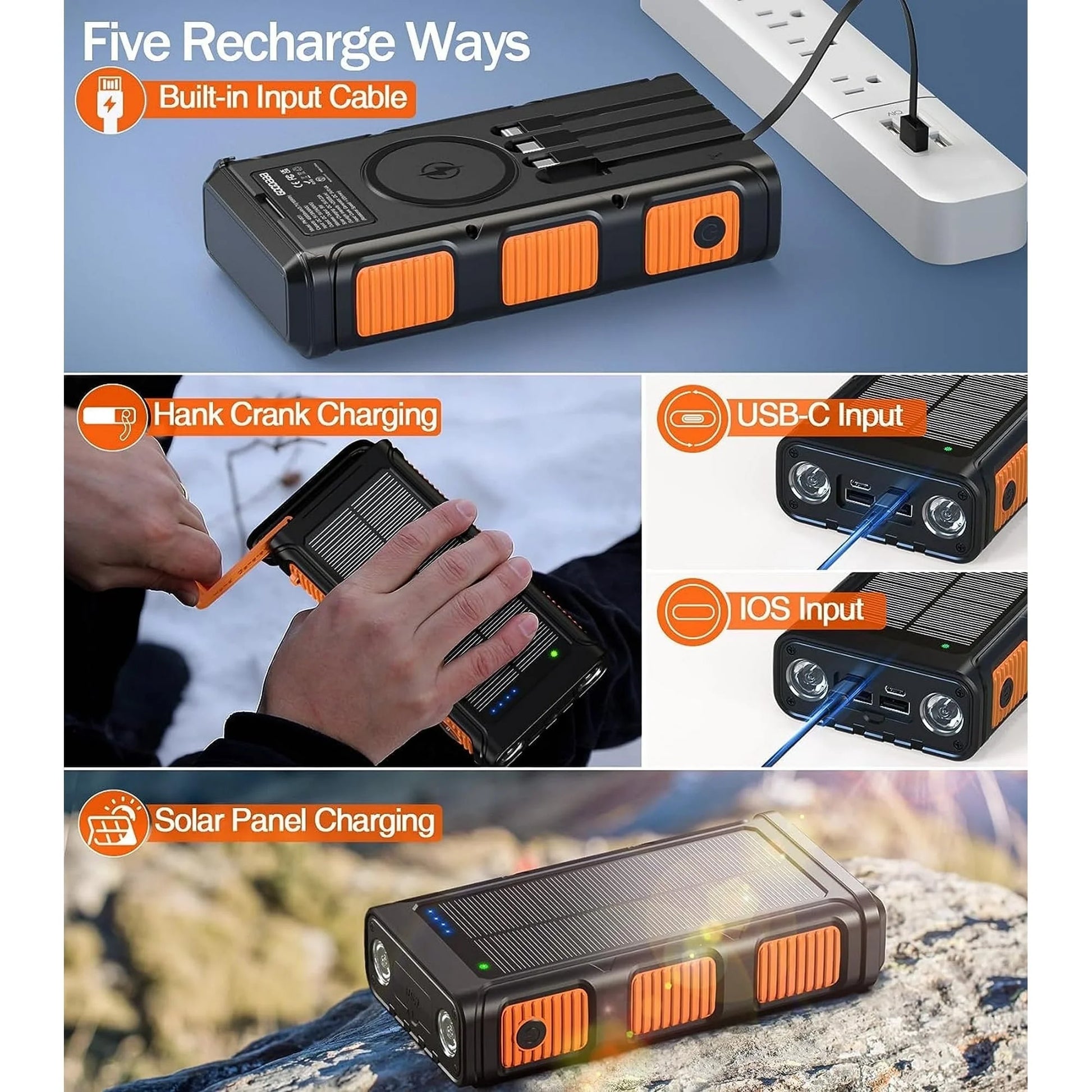 High-Capacity 45800mAh Solar Power Bank with Hand Crank, Wireless Charging & Multiple Cables - Perfect for iPhone & Android Devices