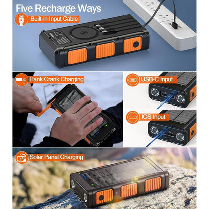 High-Capacity 45800mAh Solar Power Bank with Hand Crank, Wireless Charging & Multiple Cables - Perfect for iPhone & Android Devices