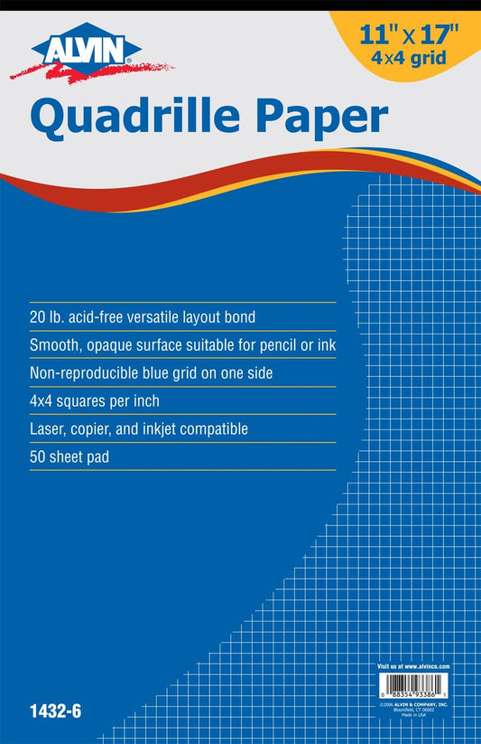 Quadrille Paper Pad 50 Sheets of 11" X 17" Model 1432-6 Drafting and Graph Paper Suitable for Pencil and Ink Printer Compatible 4" X 4" Grid - 50 Sheet Pad 11" X 17"