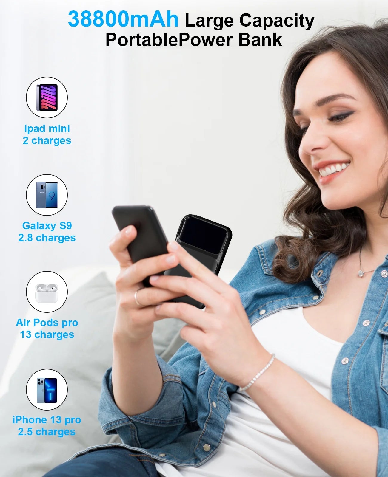 38800mAh Ultra-Portable Power Bank with Built-In Cables and AC Plug - Fast Charging for iPhone & Android - Perfect Travel Companion