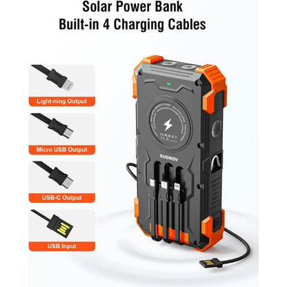 Ultimate 42800mAh Solar Power Bank with 4 Built-in Cables - Fast Charging Portable Charger for All Devices with Dual Flashlights and Carabiner