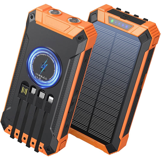 36000mAh Solar Power Bank with 15W Fast Charging, Wireless Charging & Built-in Cables - Perfect for iPhone & Android Devices
