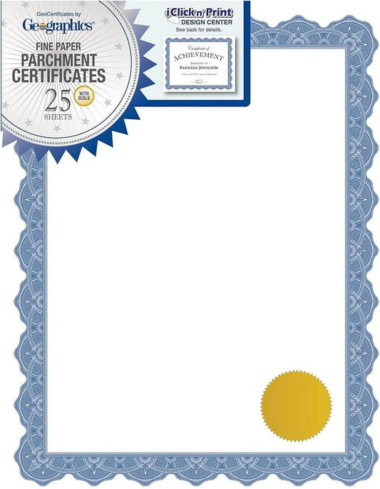 Optima Blue Blank Award Certificate Paper with Gold Foil Seals, 8.5" X 11, Seal 1.75", Inkjet and Printer Friendly, Pack of 25