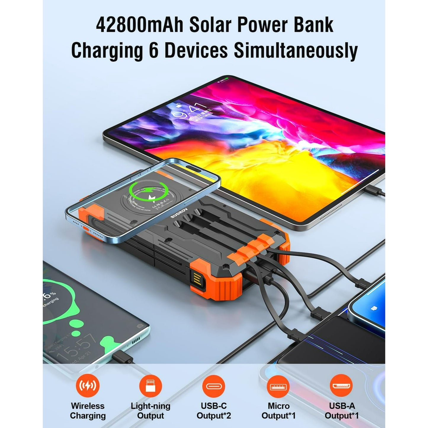 Ultimate 42800mAh Solar Power Bank with 4 Built-in Cables - Fast Charging Portable Charger for All Devices with Dual Flashlights and Carabiner